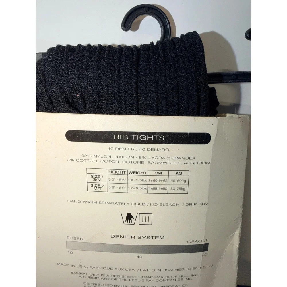 HUE Rib Tights Black 40 Denier Size 1 S/M Vintage 4999-1 Made in USA New
